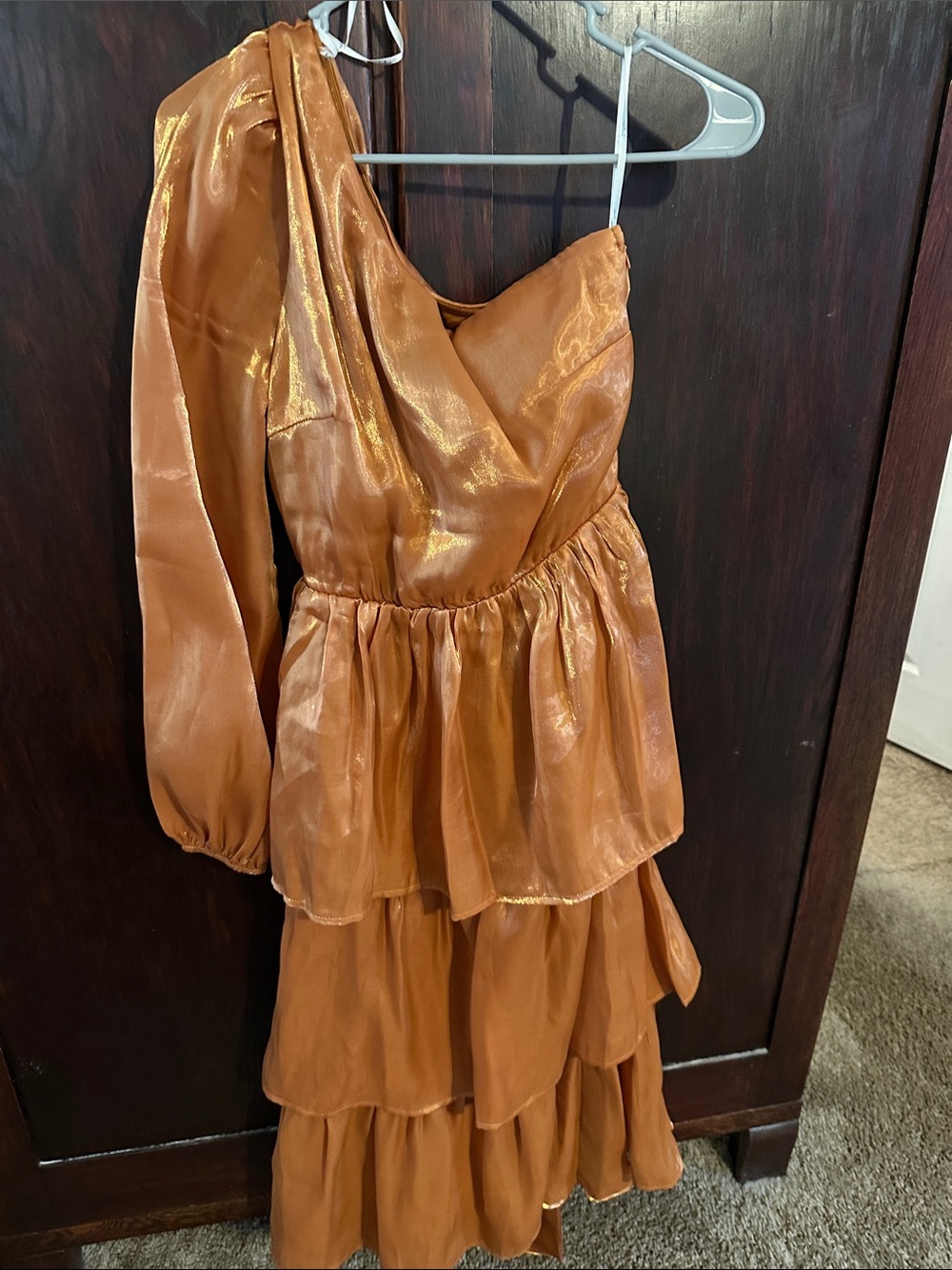 Lulu's One-Shoulder Tiered Satin Dress in Copper